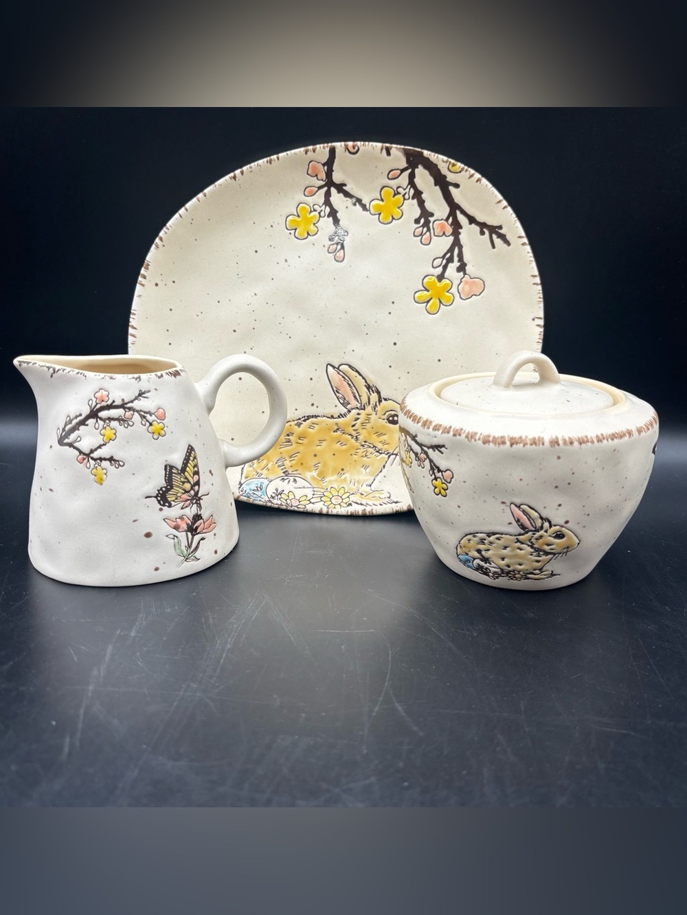 Spectrum Designz Sugar Bowl Creamer Plate Set Bunny Butterfly Flowers Farmhouse